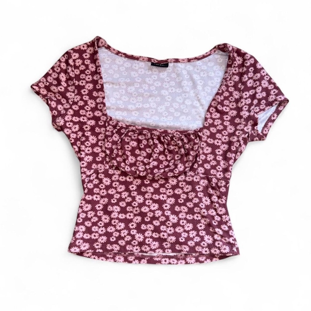 Rue21 Burgundy and Pink Floral Short Sleeve Top